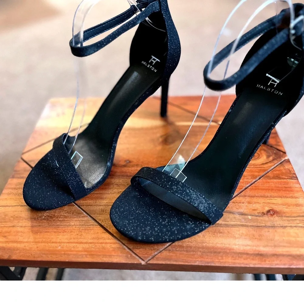 Halston Maui Black Glitter Stiletto Ankle Strap Sandals Heels US 10 EU 41